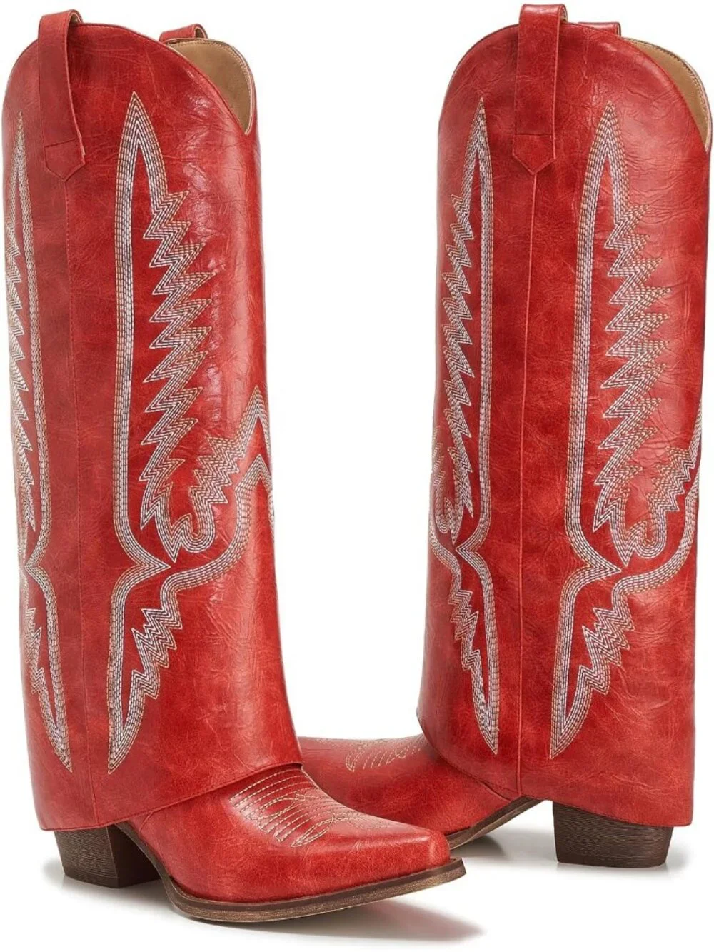 Women's Red Pointy Pull-on Side Zipper Padlock Fold Over Knee High Boot